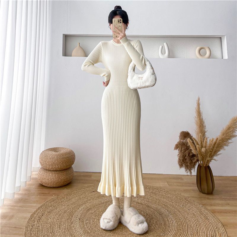 Womens Slimming Figure-Hugging Long-Sleeve Knitted Dress