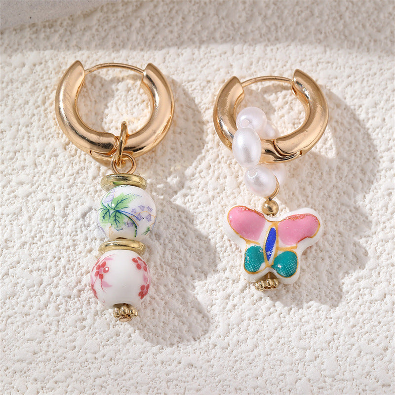 European And American Blue-and-White Porcelain Floral Pearl Earrings Sweet Womens Copper Ear Clips