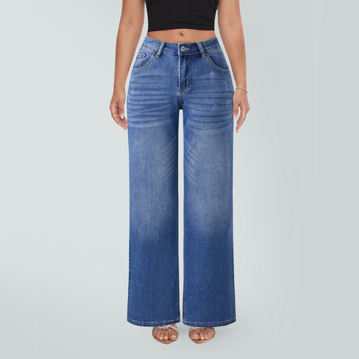 Mid-to-low-rise High-elasticity Soft Hip-lifting Wide-leg Straight Denim Jeans