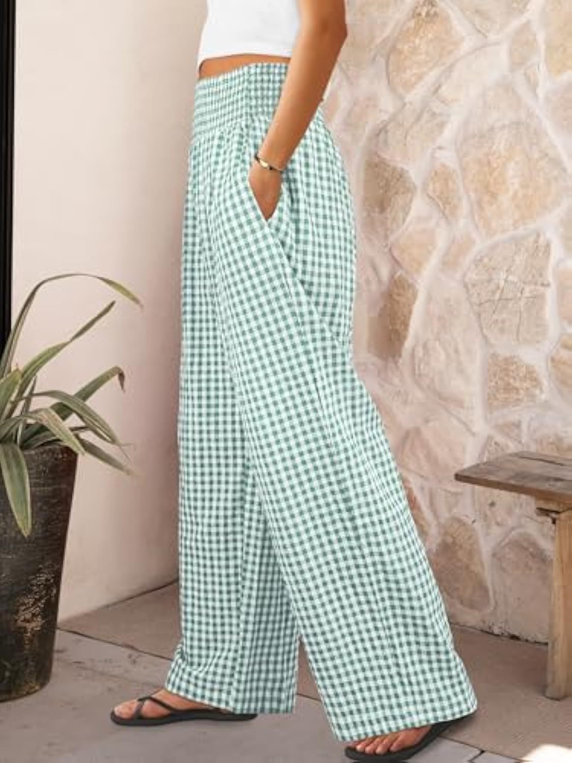 Plaid Casual Trousers Loose-fit Womens Fashion Wide-leg Pants With Pockets