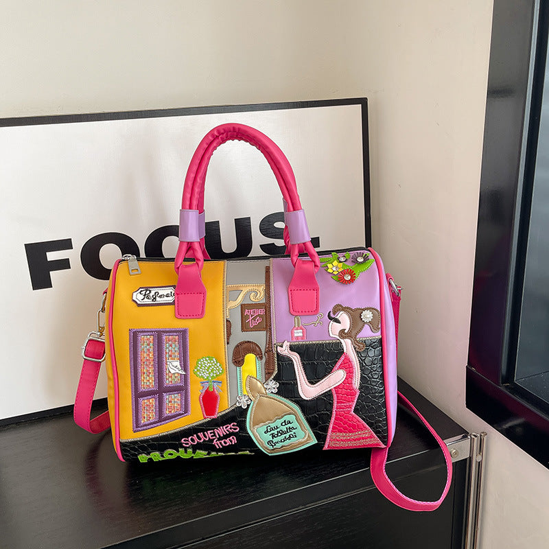 Premium Boston Tasche mit hoher Kapazität und gesticktem Patchwork-Design