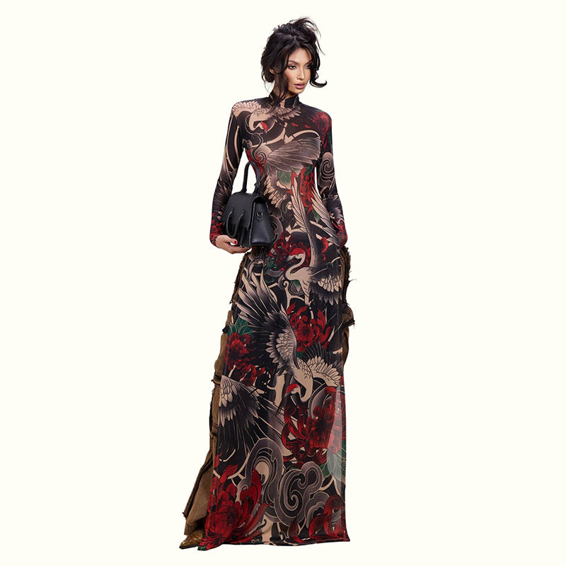 Stylish Half-high-neck Long-sleeve Top With A Bold Animal Print