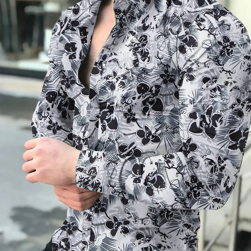 Mens 3D Digital-Print Long-Sleeve Casual Shirt