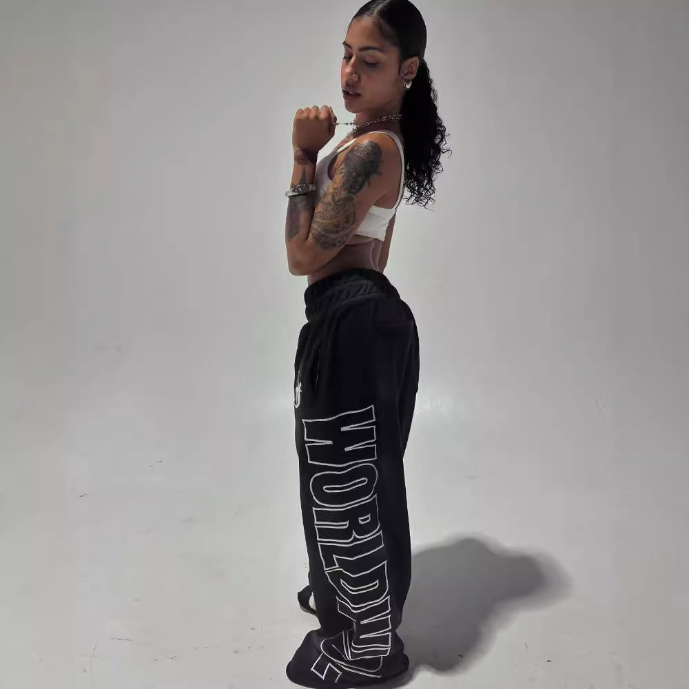 Pantalones casuales holgados con cordón y estampado de letras para mujer