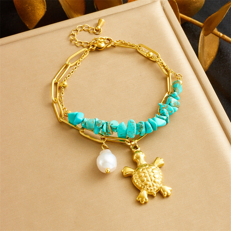 Three-dimensional Turtle Pearl Irregular Turquoise Double-layer Stacked Chain Bracelet